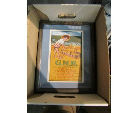 A box containing assorted pictures including railway print, maps etc.