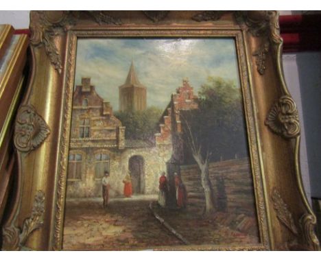 R. FAINELLO: A 19th Century style oil on board of a townscape. Gilt framed. 28.5cm x 23.5cm  