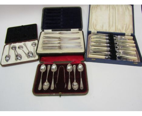 A cased set of six silver teaspoons with matching sugar tongs and 3 cased sets of EPNS flatware (4)