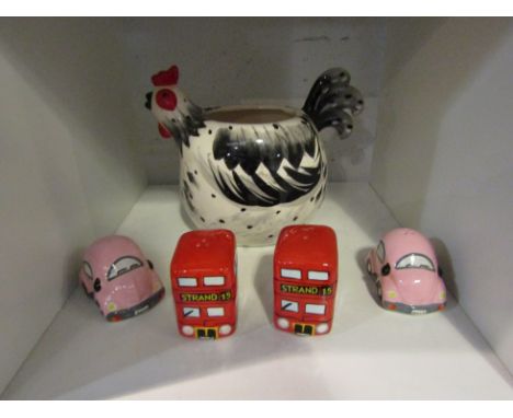 A ceramic Rooster by Gallo egg crock together with two pairs of cruets - Beetle cars and London buses (5)