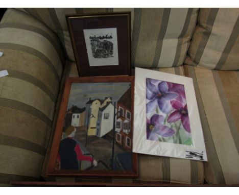 An oil on board of town scene, watercolour of flowers and framed and glazed print of fishermen (3)