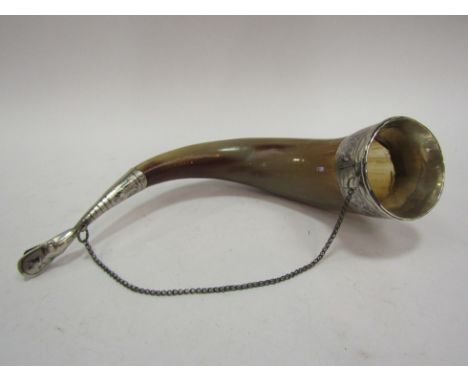A 19th Century drinking horn with Persian silver collar and duck mouth piece   