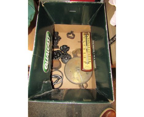 A selection of mainly cast iron items together with Salters spring balance weighing scale and Chadburns Ltd. ivorine thermome