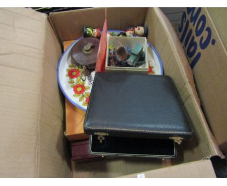 A box of miscellaneous vintage items including leather collar box, diecast vehicles, painted wooden Russian soldiers etc.