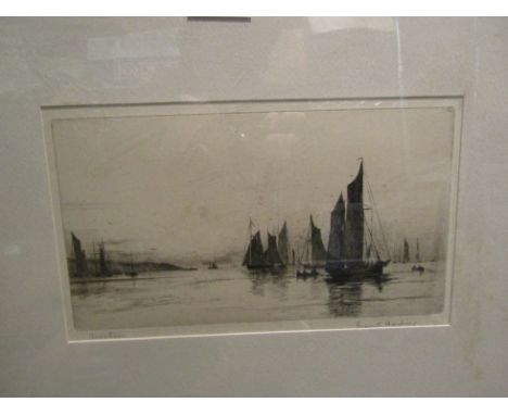 FRANK HARDING (Australian B.1935) A signed etching titled "Briikham" depicting sailing ships, framed and glazed, 42.5cm x 47.