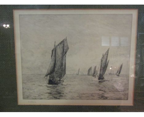 WILLIAM WYLLIE RA, RE (1851-1931) A signed etching depicting Sailing Ships, framed and glazed, 44cm x 40cm