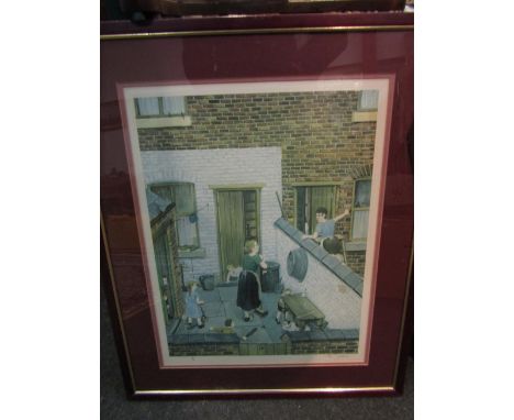 TOM DODSON (1910-1991): A limited edition print depicting family in courtyard, framed and glazed, 182/850, 45cm x 35cm