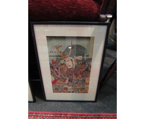 A Japanese print Akabuki portrait of a Taira leader holding a magimata, (unsigned) framed and glazed. 49cm x 35cm