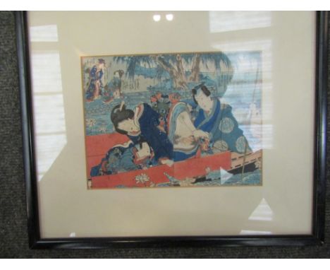 A Japanese erotic print, framed and glazed, 36cm x 31cm