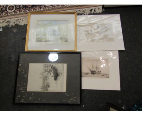 ROLAND LANGMAID (1897-1956) Two unframed signed etchings, one of a tall ship the other of sailing boats, a framed and glazed 