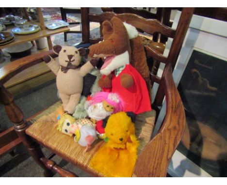 A selection of 1980's soft toys including Roland Rat, Kevin, Basil Brush etc. Also Sooty and Sweep glove puppets and Trolls