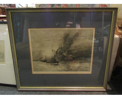 WILLIAM WYLLIE (1851-1931) A signed etching of HMS Queen Elizabeth at Dardanelles, WW1, framed and glazed, 45cm x 38.5cm
