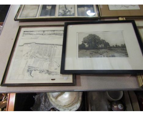 MAUDE E.F. HOWLETT: An etching depicting Barnes Mill, Chelmsford, framed and glazed, 18.5cm x 27cm together with a 20th Centu