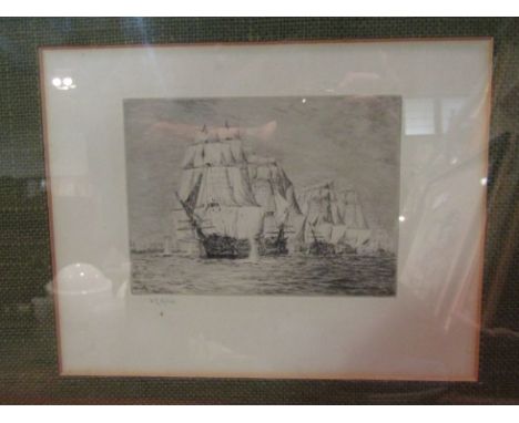 WILLIAM WYLLIE (1851-1931) A signed etching depicting 'tall ships of the line' Battle of Trafalgar, framed and glazed, 44.5cm