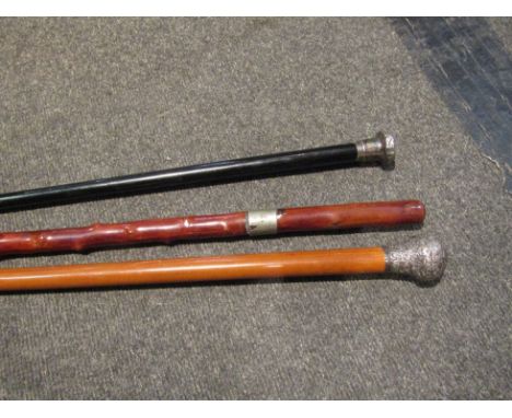 Three walking sticks to include silver topped examples