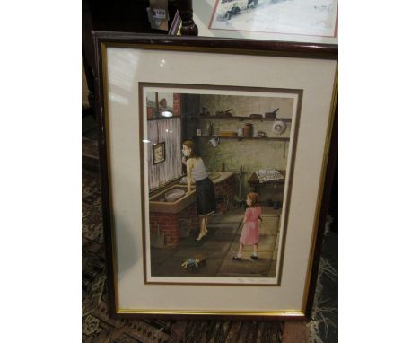 TOM DODSON (1910-1991): A limited edition print depicting mother and daughter, framed and glazed, 228/850, 20cm x 25cm