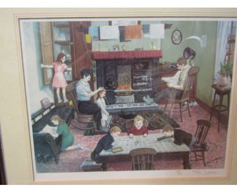 TOM DODSON (1910-1991): A limited edition print depicting family interior scene, framed and glazed, 785/850, 31cm x 40cm