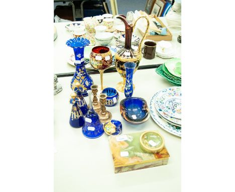 A RUBY TINTED GLASS GOBLET AND A WINE DECANTER, A QUANTITY OF VENETIAN BLUE TINTED GLASSWARES ETC.... 