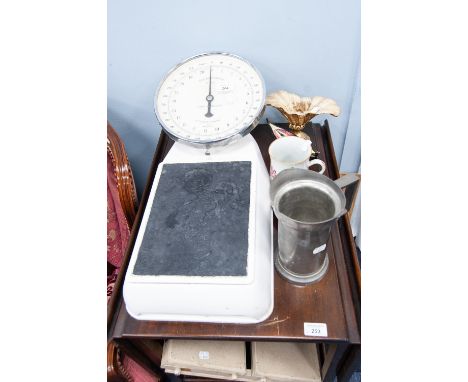 SET OF LARGE SCALES 'THE BATHROOM No 220'; DUTCH PEWTER JUG AND FIVE VARIOUS CERAMIC ITEMS (7)