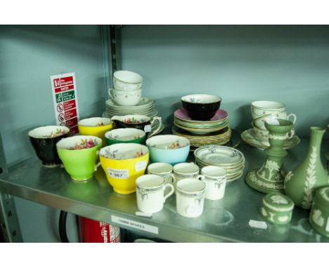 CHINA TEA WARES TO INCLUDE; 'ADDERLEY' CUPS AND SAUCERS AND SIDE PLATES X 21 AND SMALL PARAGON CUPS AND SAUCERS x 5 AND ANOTH