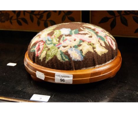 A MODERN MAHOGANY CIRCUALR TAMBOUR FOOTSTOOL, COVERED IN FLORAL WOOLWORK TAPESTRY 