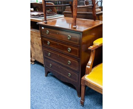 EARLY NINETEENTH CENTURY CONTINENTAL LINE INLAID MAHOGANY SMALL CHEST OF FOUR DRAWER, outlined in barber pole variant inlays,