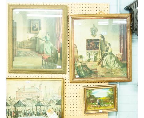 AFTER LEONARD CAMPBELL TAYLOR  TWO COLOUR PRINT REPRODUCTIONS  'LADY WITH A HARP' AND 'THE SAMPLER'  APPROX 21" X 18" AND A S