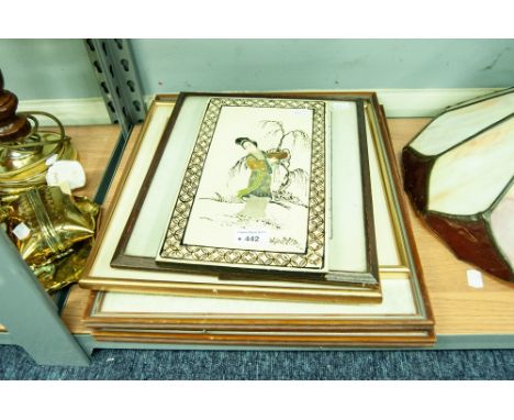 TWO ORIENTAL NEEDLEWORK ON SILK PICTURES, TWO OTHERS SIMILAR, MOTHER OF PEARL AND CARVED HARDSTONE FEMALE PORTRAIT, MOUNTED O