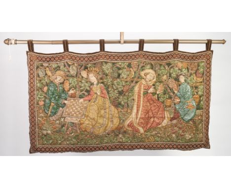 FABRIC WALL HANGING REPLICATING A MEDIAEVAL TAPESTRY printed with courtiers and ladies in a garden setting, the detailed outl