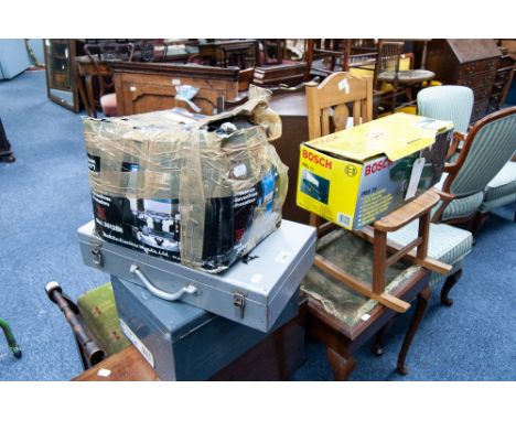 SELECTION OF WOOD WORKING TOOLS TO INCLUDE A 'HOMELITE' PETROL CHAIN SAW; A FOUR-IN-ONE POWER SHARPENER; ROUTER; BENCH BELT S