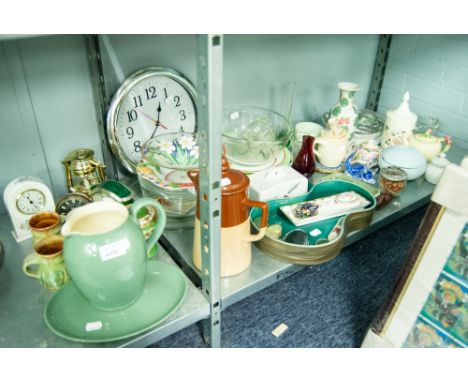 DENBY STONEWARE GREEN WATER JUG AND PLATE, BESWICK DISH, VARIOUS TRINKET BOXES, CLOCKS, BOWLS AND DISHES ETC..... 