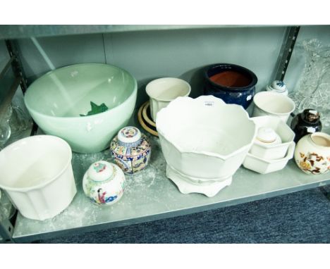 A WHITE POTTERY JARDINIERE,  A LARGE LIME JARDINIERE ETC.. SIX CERAMIC GINGER JARS, VARIOUS (QUANITTY) 