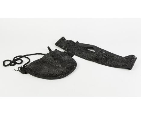 LADY'S BLACK BUGLE BEAD HEART SHAPED EVENING BAG, with cord handle and the matching broad tapered BELT, with adjustable velcr
