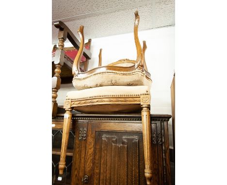 LOUIS XV STYLE BALLOON BACK CHAIR, WITH RIBBON AND BOW CARVED DETAIL TO THE SURROUND OF THE PAD BACK WITH TAPESTRY  GENTLEMAN