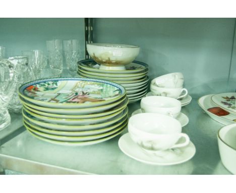 18 ORIENTAL WALL PLATES, FOUR CHINA CUPS AND SAUCERS AND A BOWL (27) 