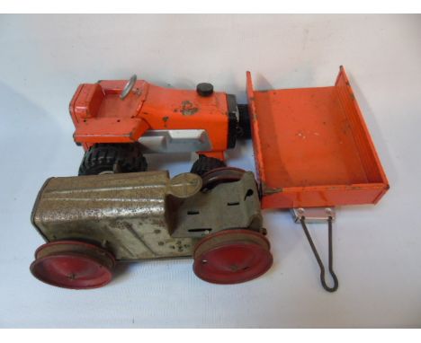 Vintage clockwork tin plate tractor and Meccano tractor and trailer
