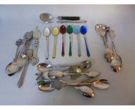 Cased set of 6 enamel silver spoons and assorted spoons inc, silver