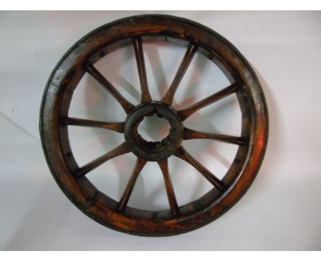 Vintage wooden wheel, small bead top stool and an antique grain scoop