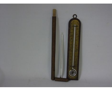 UNUSUAL WALL HANGING MERCURY THERMOMETER AND A WOODEN CASED THERMOMETER