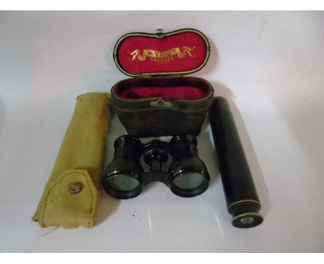 Vintage cased binoculars and a vintage cased 2 drawer telescope