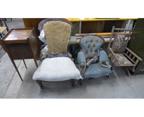 A Victorian mahogany child's armchair, child's beech chair, Victorian mahogany lady's chair and a George III commode