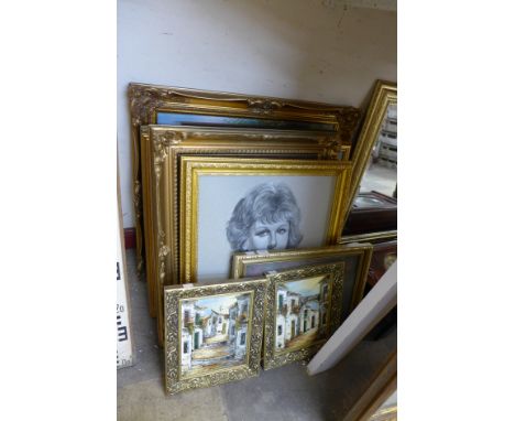 Seven landscape oils, portrait of a young girl, oil on board and a charcoal and pastel portrait of a lady, framed