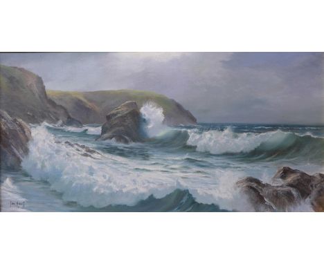John Hewitt, coastal scene with waves breaking, oil on canvas and another seascape, oil on canvas, indistinctly signed, frame