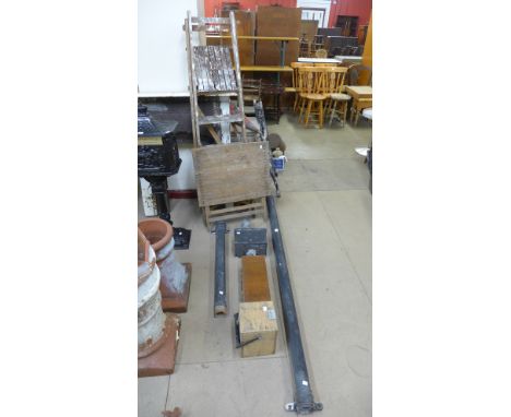 Two drain pipes, drain hopper, stepladders, folding table, etc.