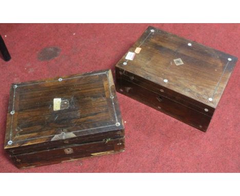 Two 19th century rosewood hinge topped jewellery boxes, each containing sundry diecast military scale tanks and vehicles