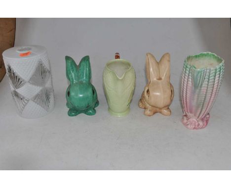 A pair of Sylvac rabbits, one in green glaze and the other light brown; together with a Carltonware leaf moulded jug; a Sylva