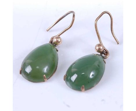 A pair of cabochon green jade and 9ct gold ear pendants, on shepherds crook fittings, jade dimensions approx 14 x 11mm 