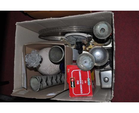 Mixed lot to include pair metal and glass candlesticks, stoneware lamp, plated gallery tray, Bburago Lamborghini, etc