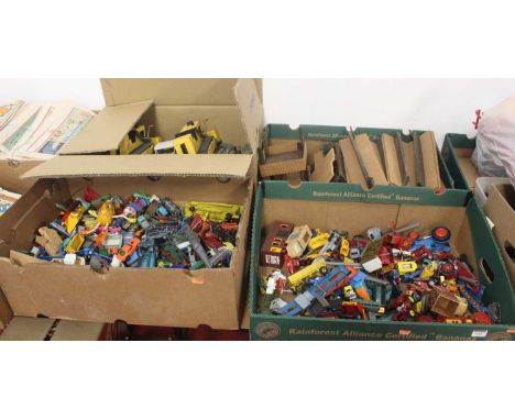 4 boxes of various play worn diecast to include Dinky Toys, Corgi Toys, Matchbox, and other related diecast vehicles, also so