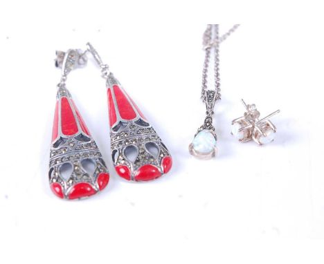 A silver and opal set pendant, on finelink neck chain; together with matching ear studs; and a pair of silver, marcasite and 